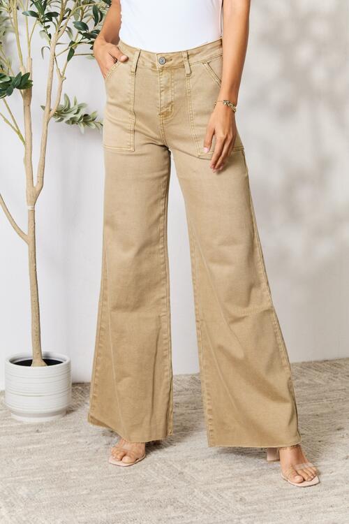 Tan Raw Hem Wide Leg Jeans