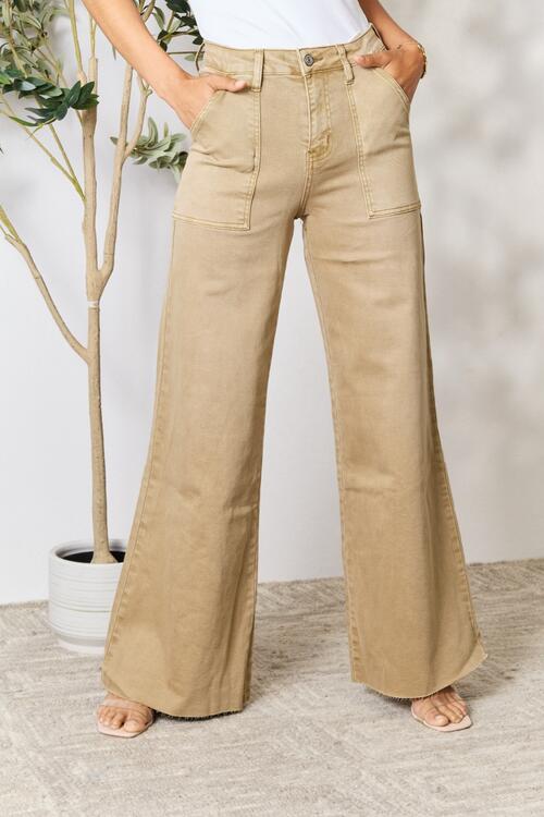 Tan Raw Hem Wide Leg Jeans