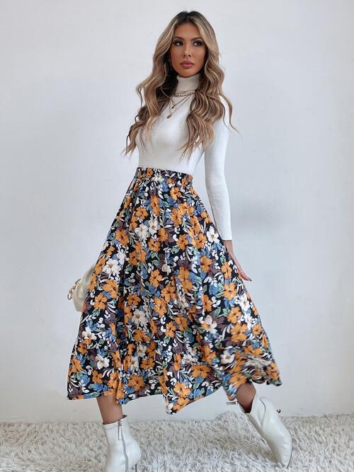 Multicolor Floral Printed Midi Skirt