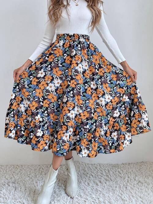 Multicolor Floral Printed Midi Skirt