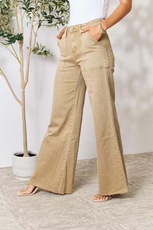 Tan Raw Hem Wide Leg Jeans